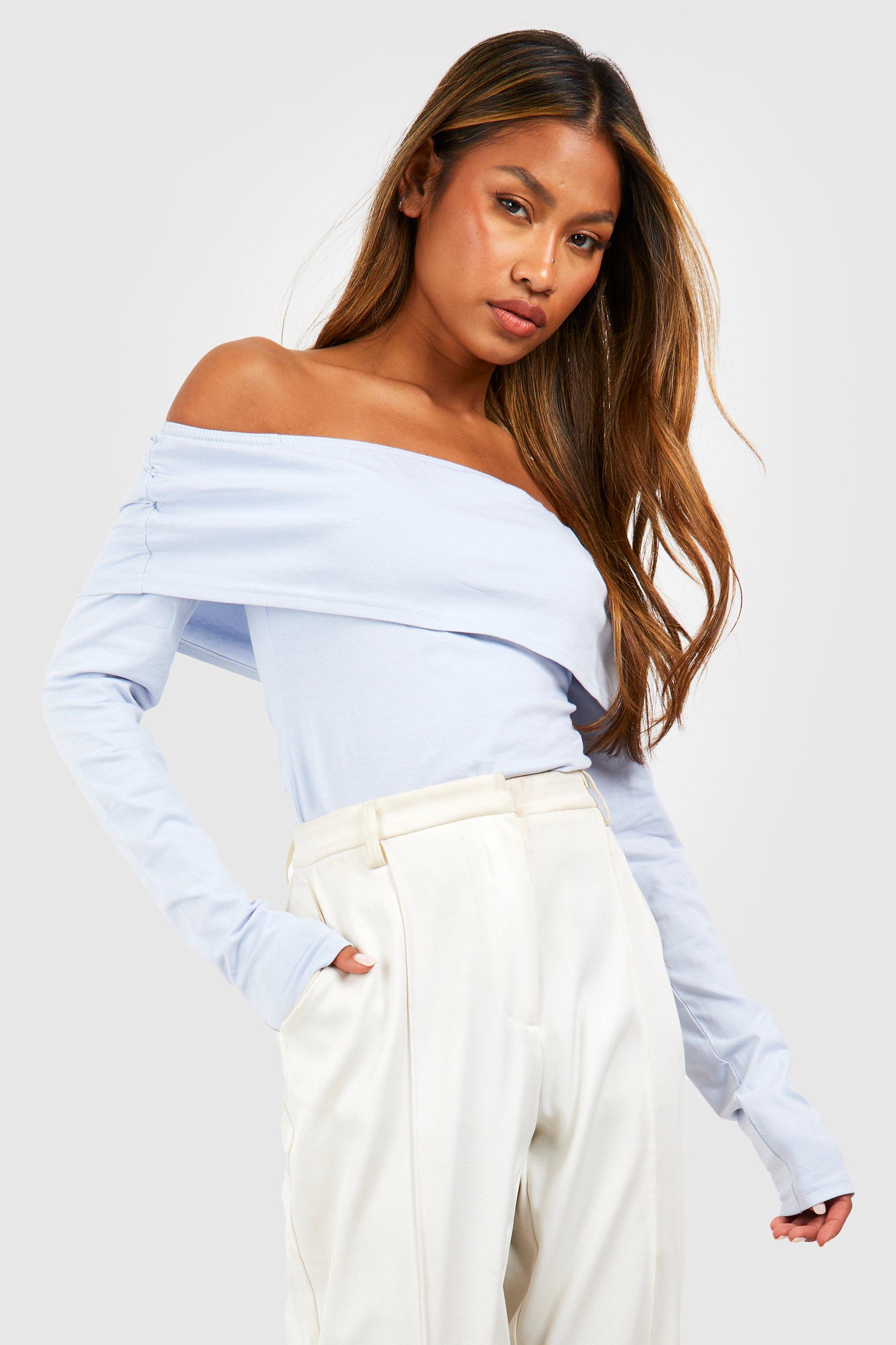 Blue and white discount off the shoulder top